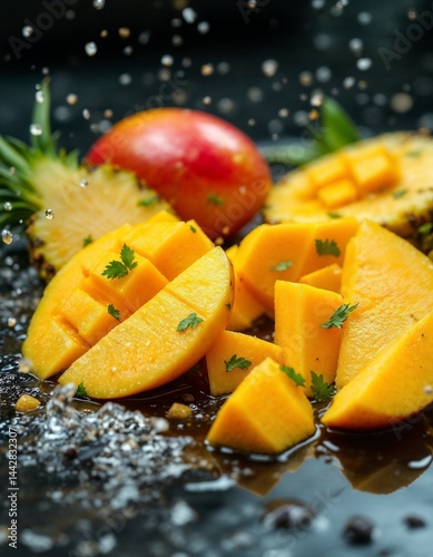 Tropical Burst: Fresh mangoes and pineapple slices are exquisitely displayed on a reflective surface, with sparkling droplets evoking freshness and natural vibrance. 