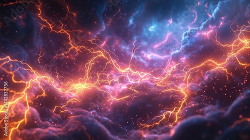 An abstract digital artwork of lightning fractals spreading like neural connections.