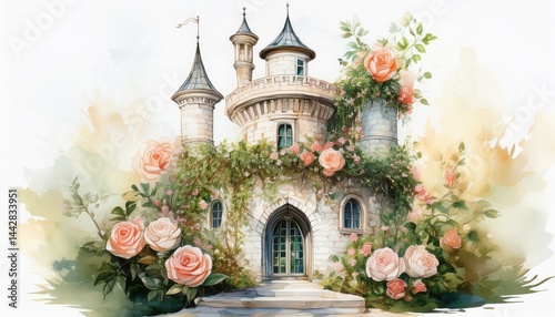 enchanting watercolor depicting a fairy tale princess tower covered in lush ivy and blooming roses painted with warm soft tones for a dreamy magical atmosphere