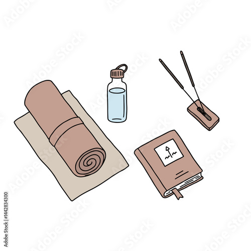 set of personal items including rolled mat water bottle bible and necklace for faith blogs, travel essentials lists, religious retreat concepts, minimalist packing ideas