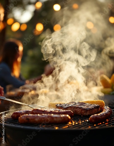 Smoky Grill: A summer gathering sizzles with the tantalizing aroma of grilled sausage and steak, as the warm sunlight bathes the scene in a glow of outdoor cooking.