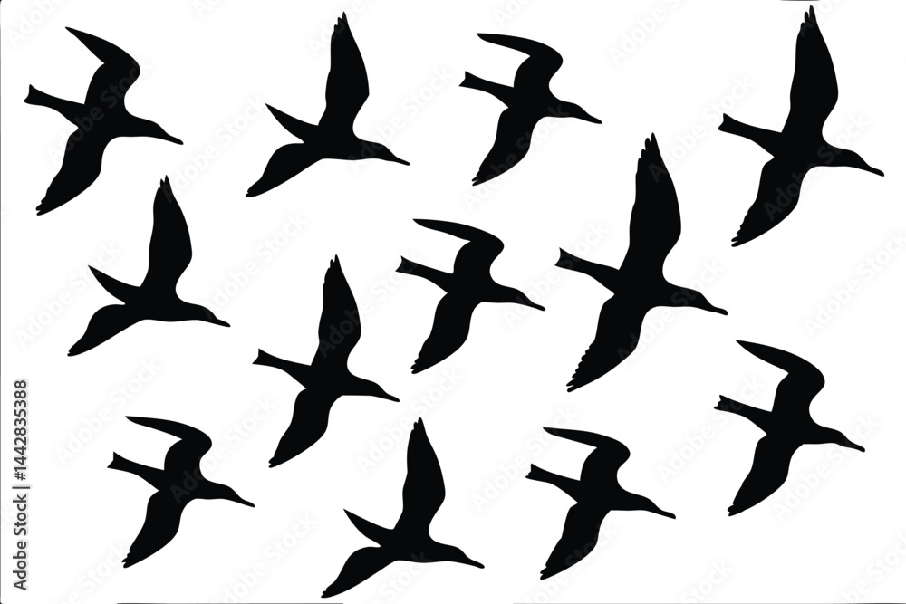 Flock of flying birds silhouette vector, Birds flock Flying in the sky black silhouette