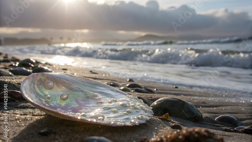 Stunning iridescent abalone shell on a sandy beach at sunset, ocean waves in the background
