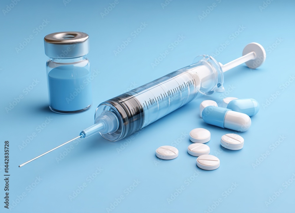 3d icon of syringe and pills on blue background for international nurses day 3d icon of syringe and pills on blue background for international nurses day