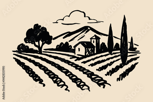 Vineyard landscape with hills and farmhouse, brush sketch style