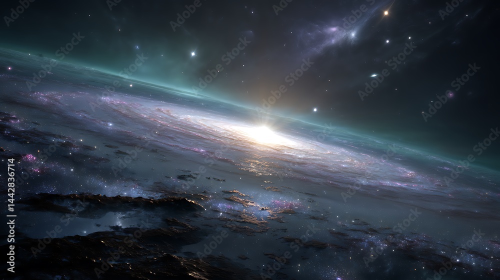Cosmic sunrise over a vibrant galaxy Cosmic sunrise over a vibrant galaxy