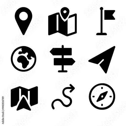 Travel Navigation Icon Collection in Solid Black Silhouettes Including Globe, Compass, Luggage, Airplane, Ship, Train, Camera and Passport Neatly Aligned on White Backdrop