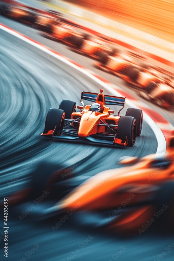 Naklejka premium Orange race car speeds around a curve, other cars blurred in motion.