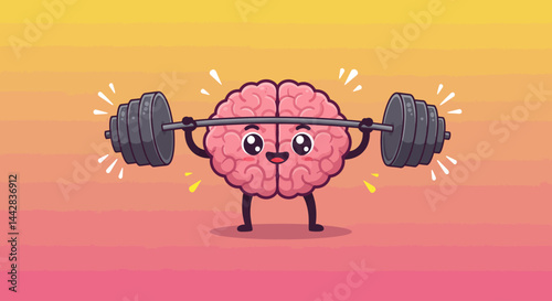 Brain Power A Pink Brain Lifting Weights on a Gradient Background