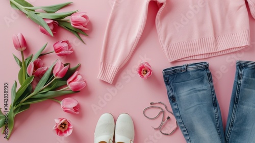 Pink sweater and blue jeans with tulips on pink background