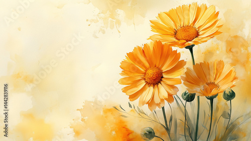 Calendula officinalis bloom in a soft artistic background with empty place for the text on the left