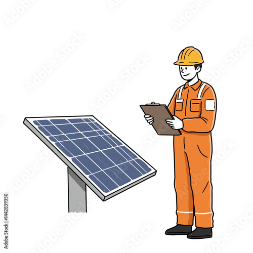 engineer inspecting solar panel installation with clipboard for green energy articles, sustainability education, technical manuals, alternative power websites