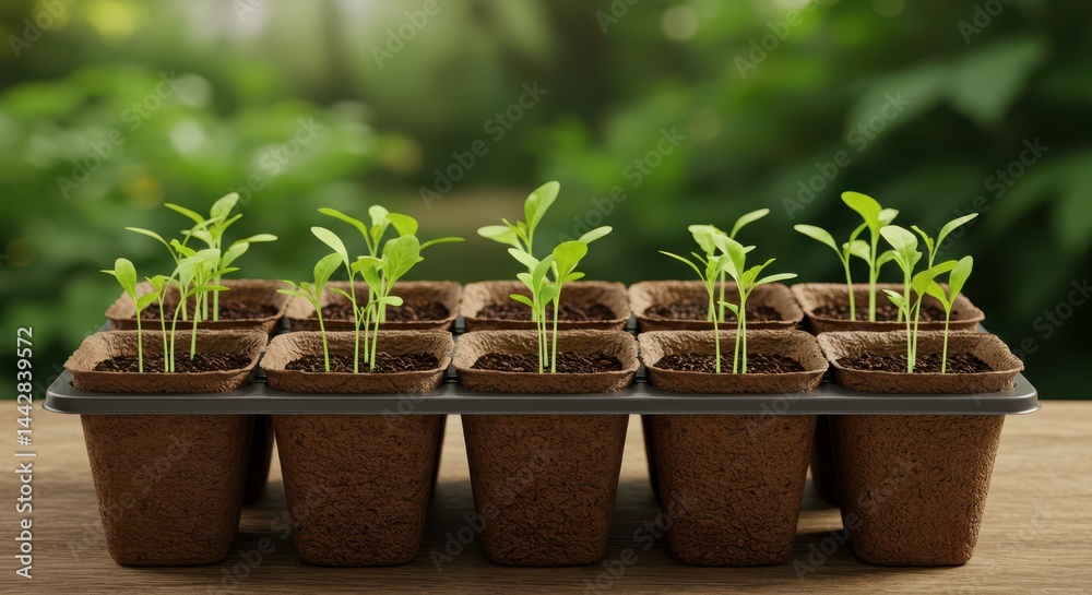 Young seedlings in biodegradable pots on wooden table in greenhouse Young seedlings in biodegradable pots on wooden table in greenhouse