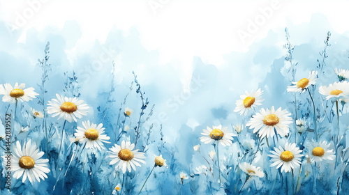 Fototapeta Naklejka Na Ścianę i Meble -  Field of white daisies blooming under a bright blue sky watercolor background with copy space on the middle.