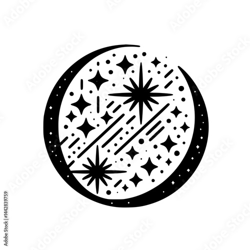 Minimalist Black and White Celestial Graphic: Stars, Dots, & Partial Moon Symbol. Cosmic, Spiritual, Magical Illustration on White.