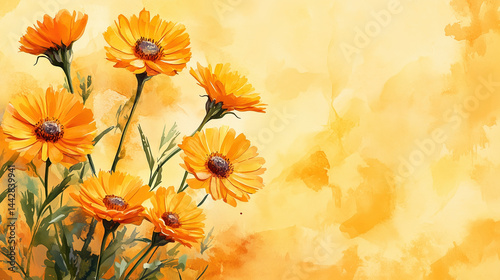 Fototapeta Naklejka Na Ścianę i Meble -  Bright orange flowers of calendula officinalis bloom on yellow watercolor background with copy space on the right.
