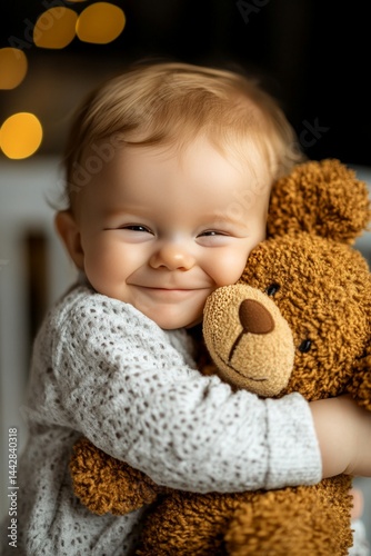 Adorable baby hugs teddy bear, sweet moment.