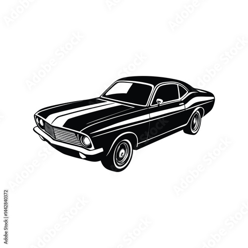 Classic 1960s Muscle Car Silhouette Vector, Retro American Vehicle, Vintage Automobile Design, Black Artwork