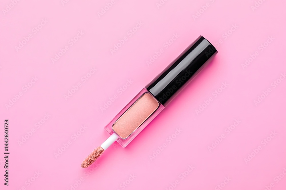 A light peach-toned lip gloss in a black and clear tube, placed on a pink background The applicator is visible A light peach-toned lip gloss in a black and clear tube, placed on a pink background The applicator is visible