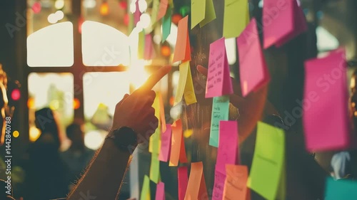 Creative Workspace with Colorful Notes and Person Engaged in Planning