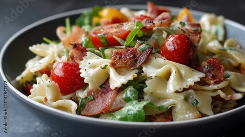 Fresh bowtie pasta salad with cherry tomatoes and bacon in a bowl