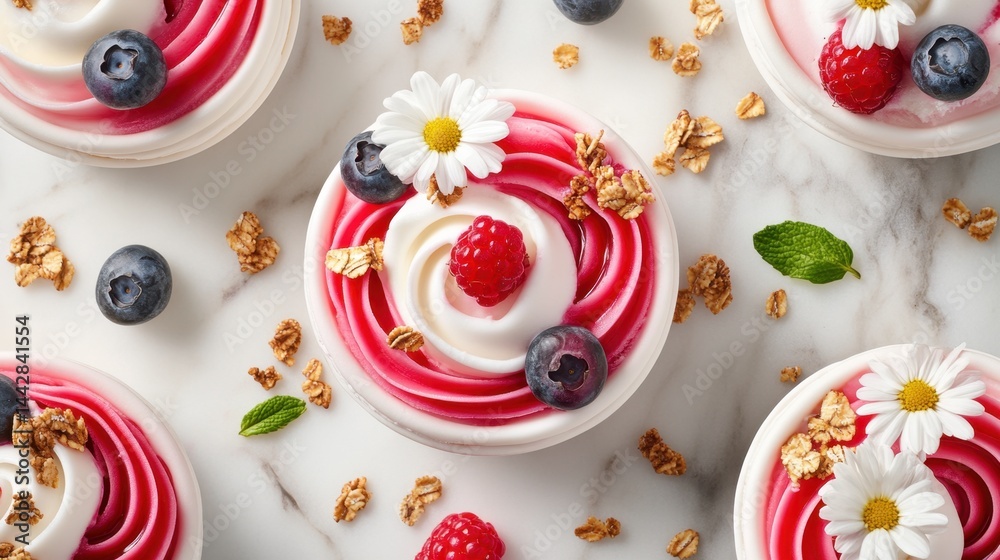 Delicious fruit-topped yogurt cups with granola and flowers on marble surface Delicious fruit-topped yogurt cups with granola and flowers on marble surface