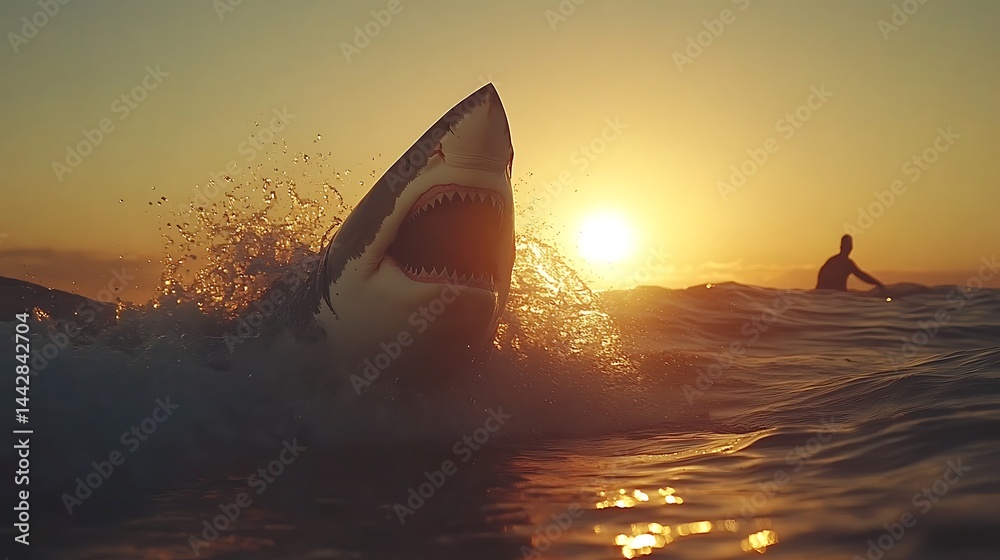Fototapeta premium Great white shark attacks a surfer at sunset, ocean, powerful predator, wildlife, danger