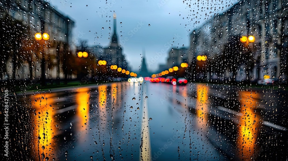 Obraz premium Raindrop on a window merging city atmosphere and rain pattern concept. Rainy city street with vibrant reflections and moody atmosphere.