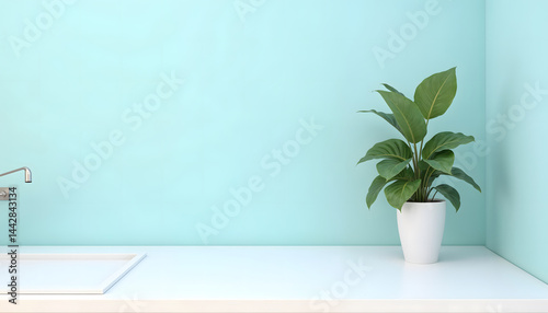 Clean Kitchen Corner with White Countertop and Light Blue Wall