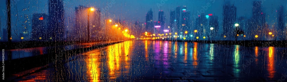 Fototapeta premium Raindrop on a window merging city atmosphere and rain pattern concept. A vibrant city skyline illuminated by colorful lights at night.
