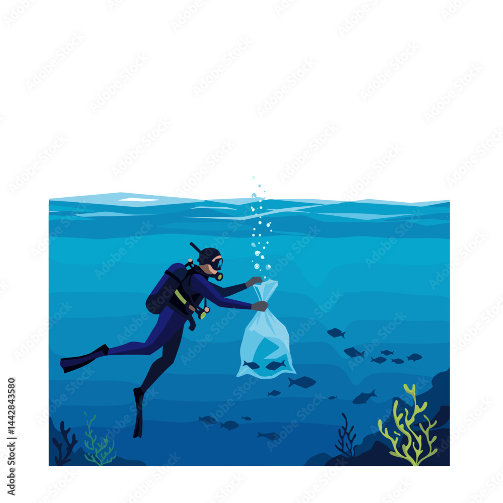 scuba diver collecting plastic trash underwater for ocean conservation campaigns, pollution awareness, ecology presentations, environmental action themes