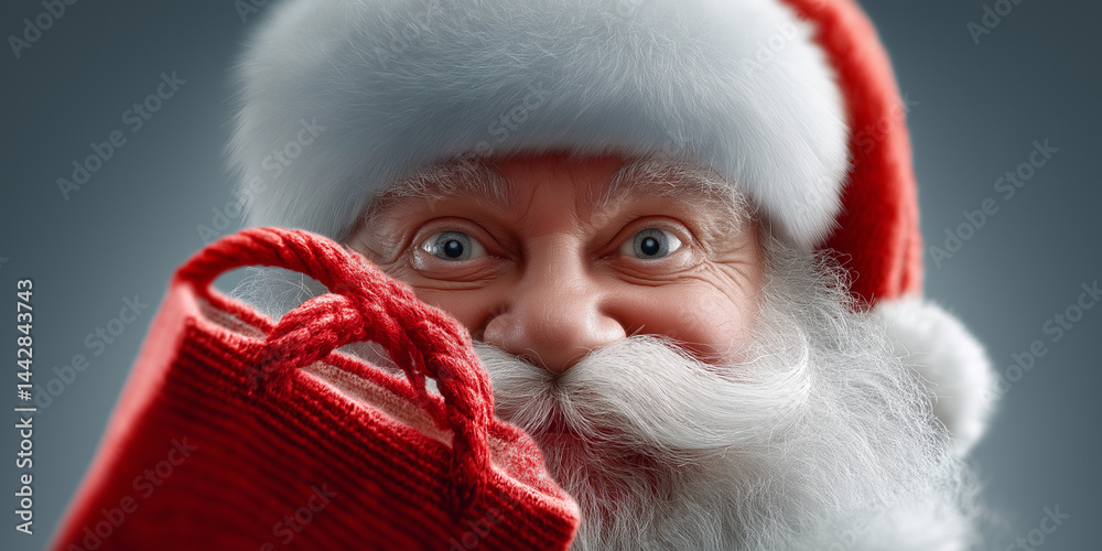 Weihnachtsmann mit freundlichen Augen hält rotes Geschenk mit Schleife, Nahaufnahme