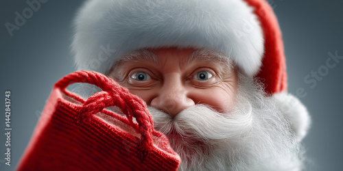 Obraz na płótnie Weihnachtsmann mit freundlichen Augen hält rotes Geschenk mit Schleife, Nahaufnahme w salonie