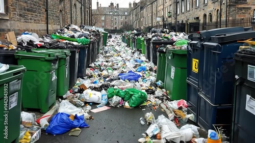 Urban alley with overflowing trash bins and litter scattered across the street in a city environment