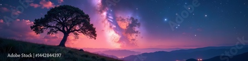 Scenic view of tree in dreamland with Milky Way backdrop, serene, stars, dreamy