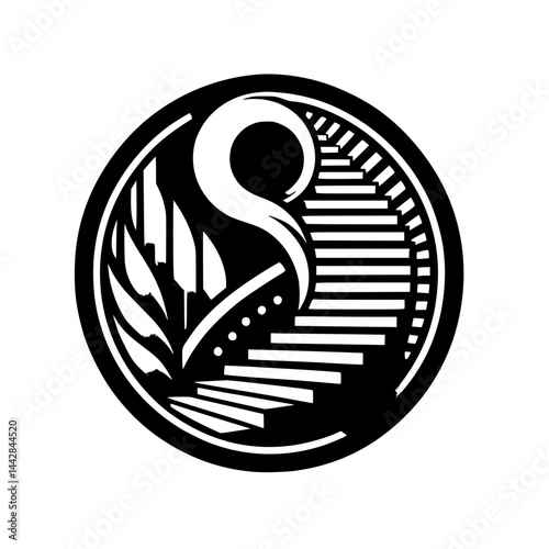 Abstract Path to Growth Vector Symbol - Black & White Geometric Steps and Leaf Icon