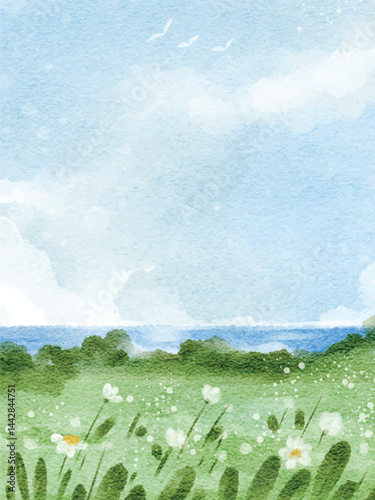watercolor seascape with blue sky and flowers