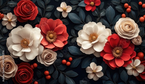 Wallpaper Mural Intricate paper flowers in shades of red, white, and beige. Torontodigital.ca
