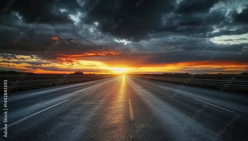 Naklejka premium Empty asphalt road under dramatic sunrise/sunset sky with white markings.