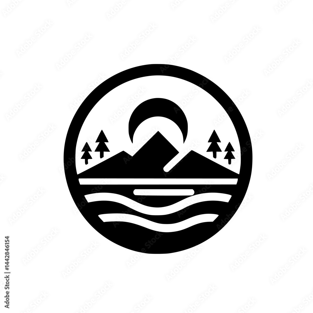 Obraz premium Black & White Minimalist Outdoor Emblem Icon: Mountains, Trees, Water, Moon Silhouette