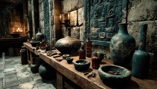 Antique pottery and containers on wooden table