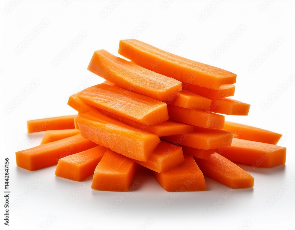 stack of fresh ripe sliced carrot sticks on white background stack of fresh ripe sliced carrot sticks on white background
