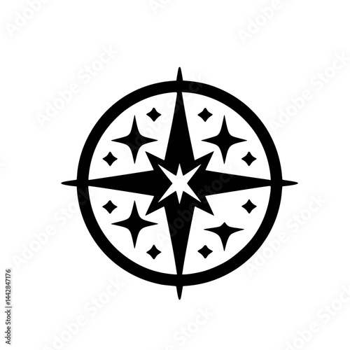 Simple Stylized Black Compass Rose Star Icon Graphic - Direction and Navigation Symbol