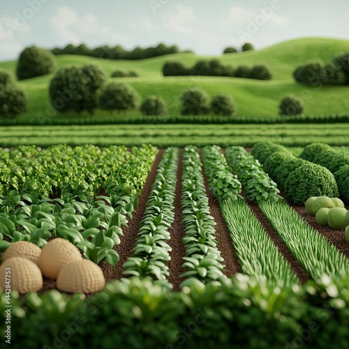 Lush green vegetable farm with rows of fresh produce including lettuce cucumbers melons and onions on a sunny day with rolling hills in the background