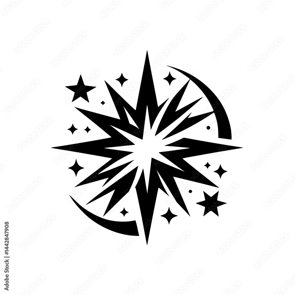 Obraz premium Bold Black and White Graphic Starburst Illustration with Sparkles and Radiating Points - Dynamic Abstract Symbol