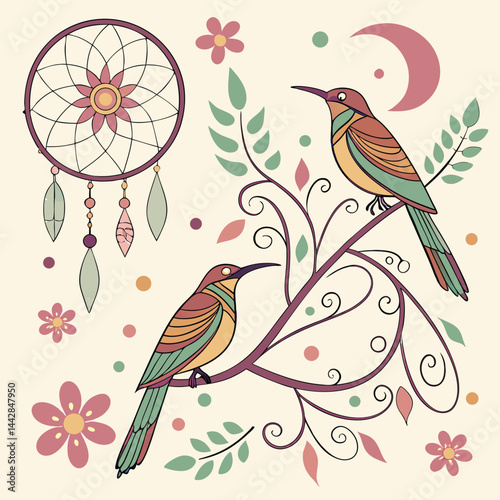 boho style Illustration of colibri birds in wall art design. 