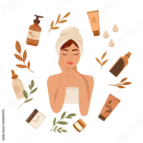Skincare Routine Vector with Woman and Cosmetic Products. Woman with towel surrounded by skincare products creams, oils, SPF, natural leaves representing a self care and beauty routine