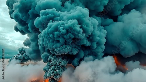 Majestic Eruption from Volcano with Thick Smoke Clouds and Fiery Lava Flowing into Atmosphere