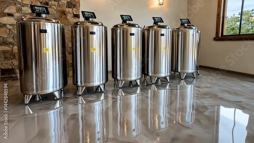Modern stainless steel tanks in a sleek interior with stone wall and polished floors