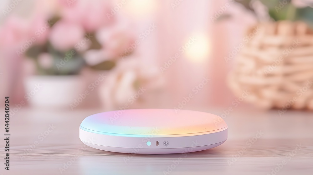 Circular White Tech Device with Colorful Ambient Lighting on Table Circular White Tech Device with Colorful Ambient Lighting on Table